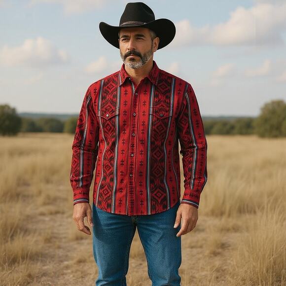 VTG Wrangler Brushpopper Snap Front Shirt Mens XXL Red Multi Pearl Southwestern